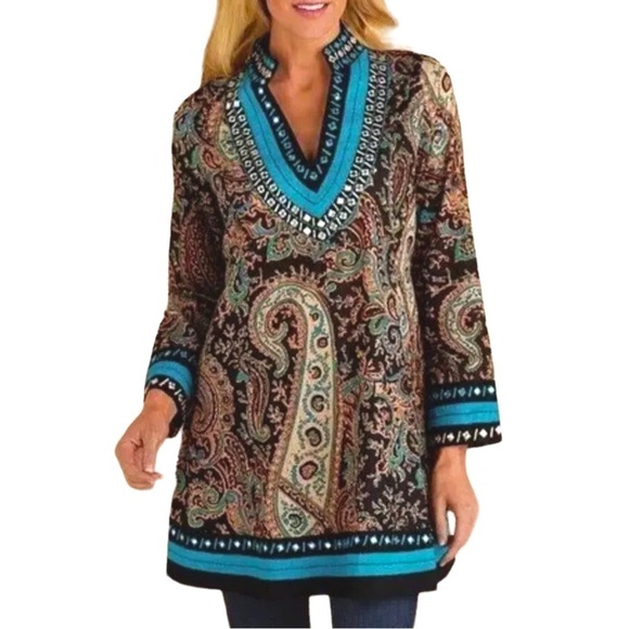 SOFT SURROUNDINGS Aubrey Embroidered Mirrored Beading  Paisley Tunic Dress Top M - Picture 2 of 11